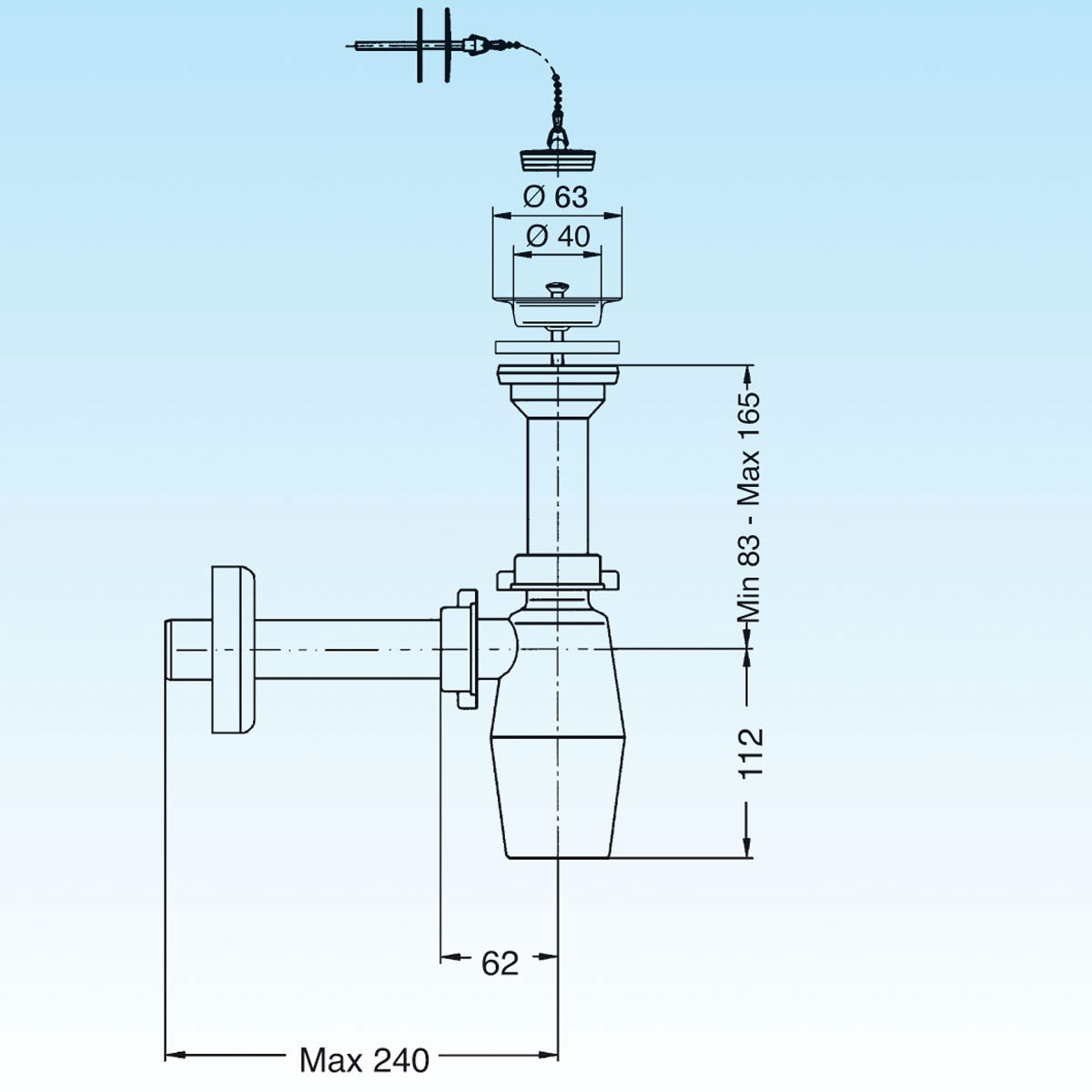 SIFONE A BOTTIGLIA PER LAVABO CON PILETTA e catenella 11/4 x 32- LIRA- pezzi 1