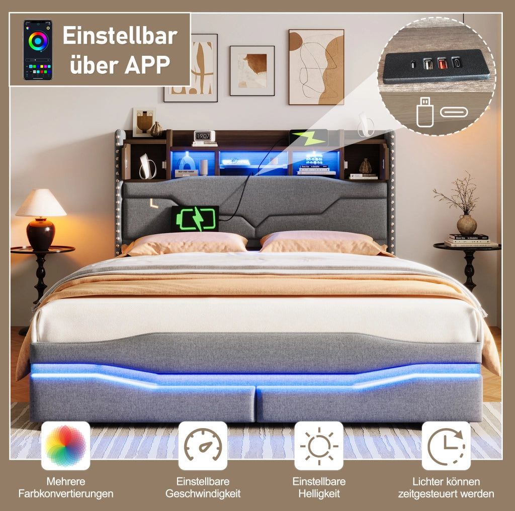 Letto imbottito 140x200 cm con LED, USB-C e vano contenitore