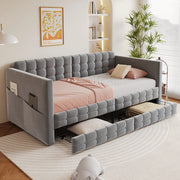 DESMIU Lit simple 90 × 190 cm 1 posto con 2 cassetti, tasche laterali, senza materasso, in velluto, grigio