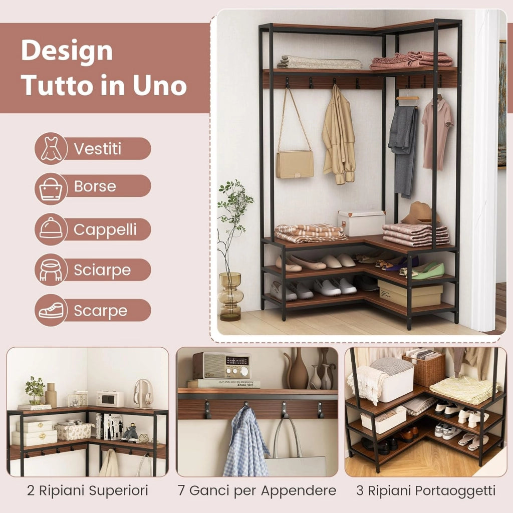 Stand Appendiabiti Angolare, Appendiabiti a Forma L con Ripiani Aperti 7 Ganci e Panca per Scarpe, Struttura in Metallo e Piedini Regolabili, 90x90x178 cm (Marrone)