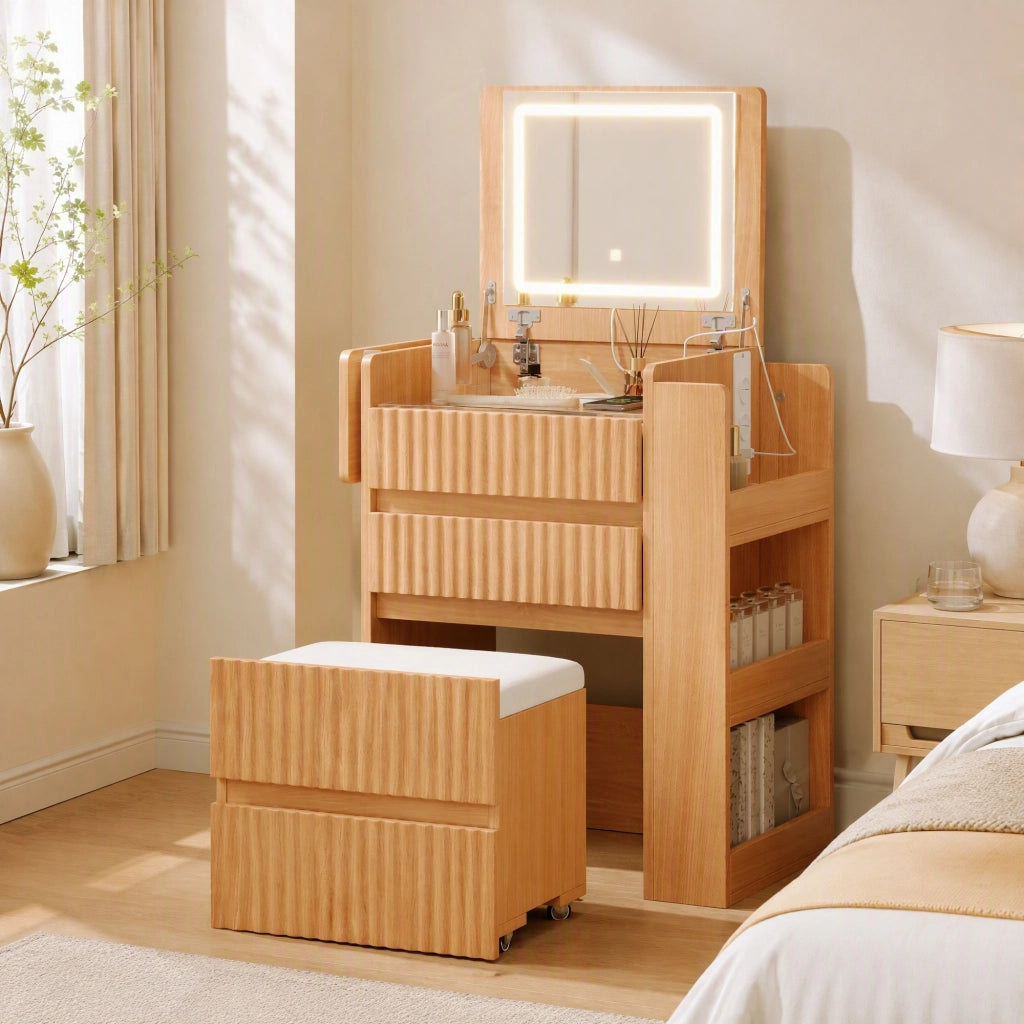 Tavolo da trucco con specchio LED pieghevole, 2 prese, USB e Type-C, sgabello con ruote, 3 cassetti e piano laterale richiudibile, 79 x 120 x 40 cm