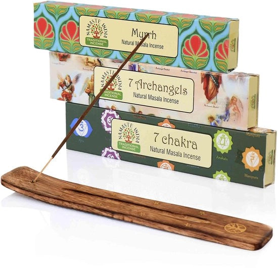 Set di bastoncini di incenso 3 tipi - 7 chakra/7 arcangeli/mirra - Supporto in legno - Aromaterapia spirituale - Fatto a mano, naturale - Incenso