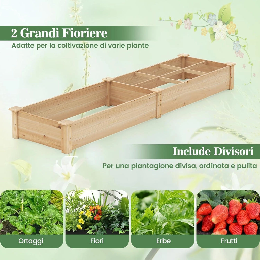Lettino da Giardino Elevato in Legno con 2 Scatole per Piante e Separatori, Fioriera da Giardino Rialzato in Legno Massiccio da 228 cm per Fiori, Verdure, Frutta e Erbe (Naturale)