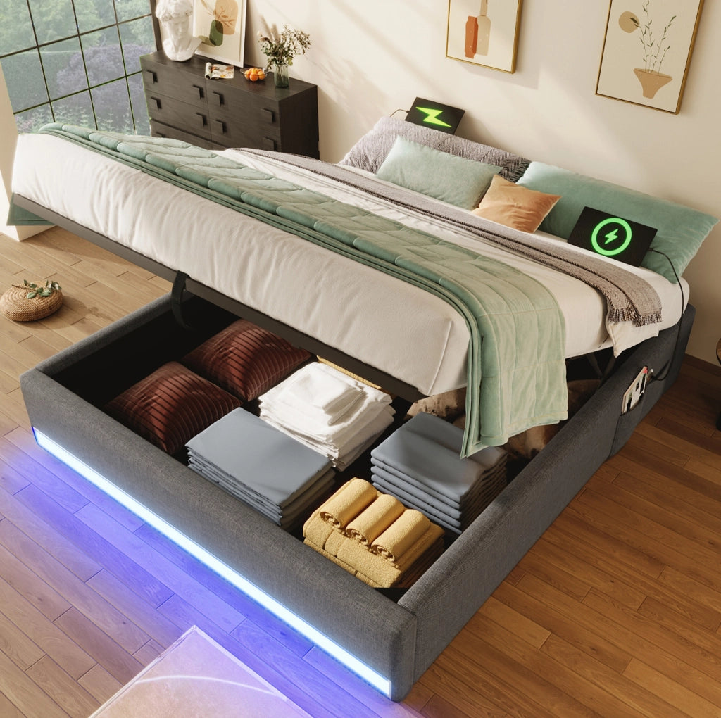Letto matrimoniale imbottito 140x200 cm in lino grigio con LED; USB e contenitore idraulico