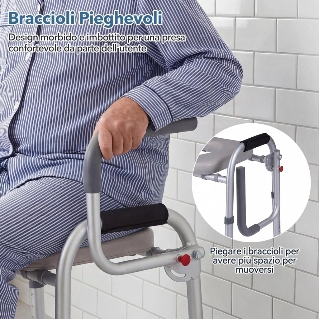 Ringhiera di Sicurezza per WC Portata 136 kg, Barra Bagno con Braccioli Pieghevoli e Supporto Laterale per Doccino, Altezza Regolabile da 49 a 59 cm, Rialzo WC per Anziani e Donne Incinte