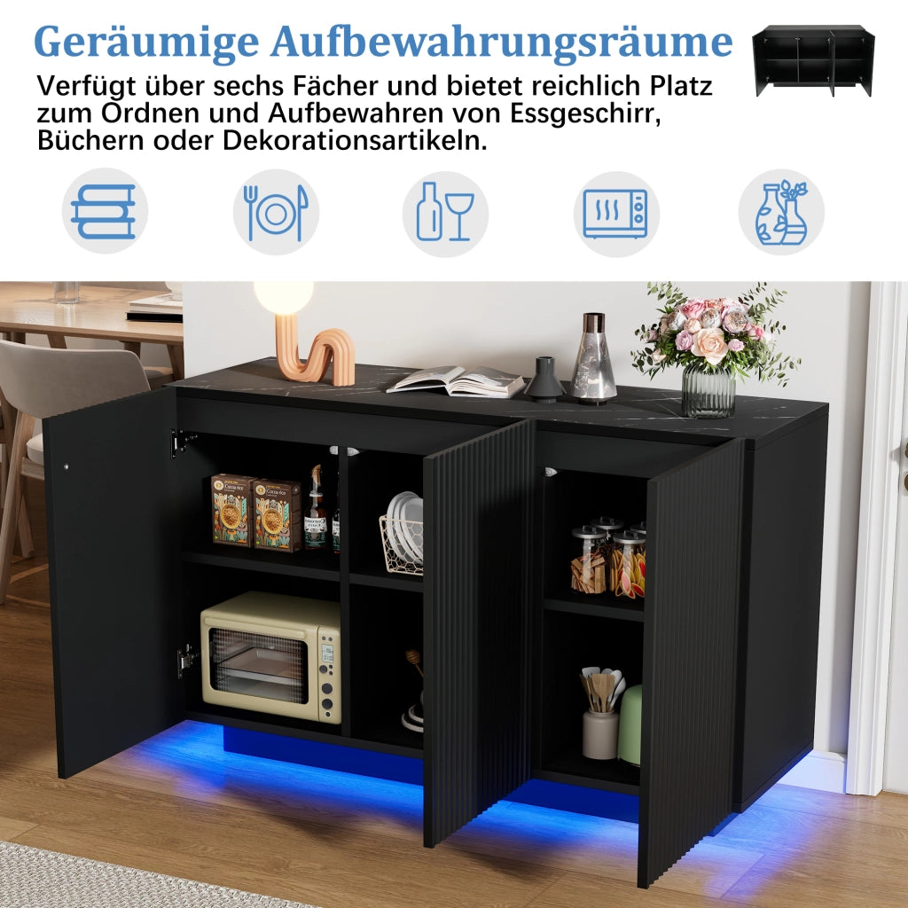 Sideboard moderno 120x40x75 cm con LED Bluetooth; effetto marmo; nero