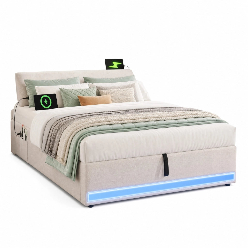 Letto imbottito beige 90x200 cm con LED, USB e contenitore