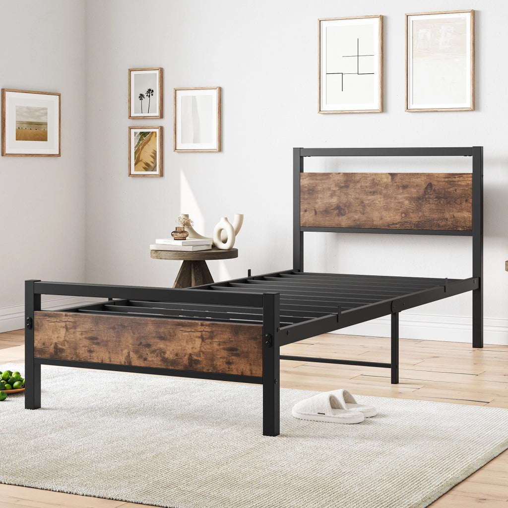 LETTO Singolo 90x200 cm in MDF e metallo con rete a doghe e vano sottoletto marrone