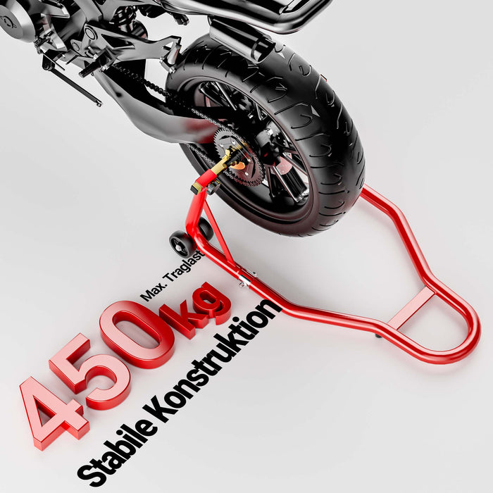 Cavalletto alzamoto posteriore sotto forcella, max 450 kg, con rotelle, per ruote posteriori