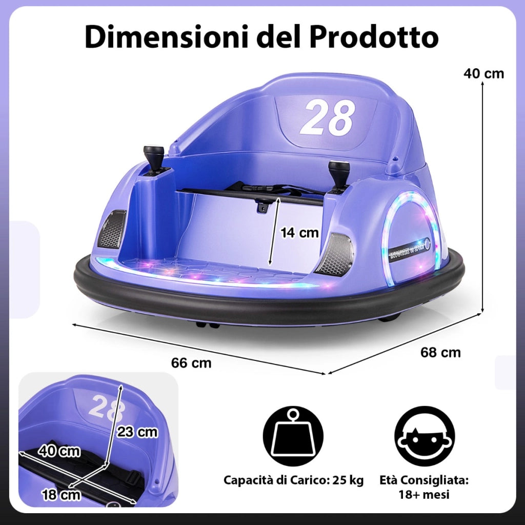 Giocattolo elettrico 12V con rotazione a 360¡ã con telecomando per bambini, Auto a scontro luci e funzione musicale Viola-Go Kart