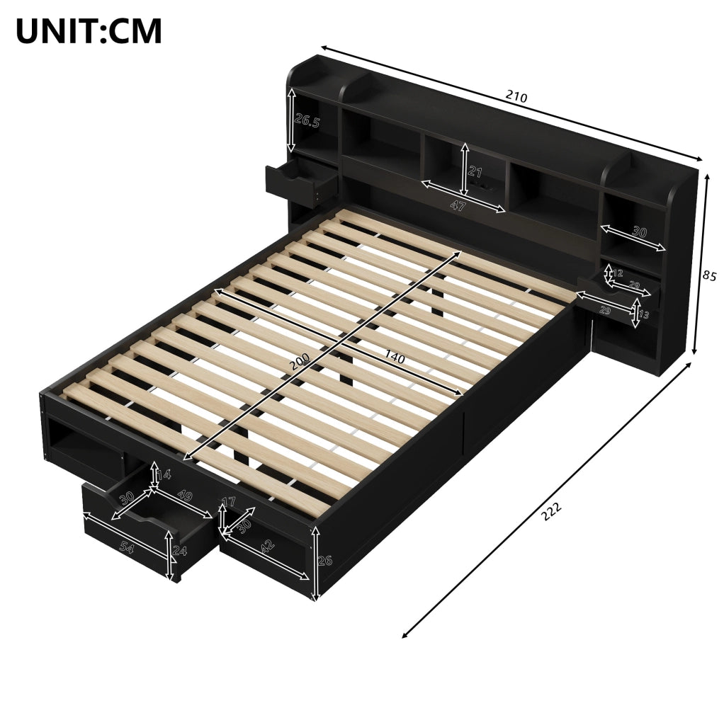 Letto platform 140 x 200 cm con 3 cassetti; vani portaoggetti; LED e USB; nero