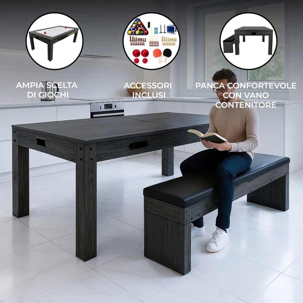 Tavolo Multigioco 7-in-1 213 cm (7ft) Grigio con Panca Contenitore