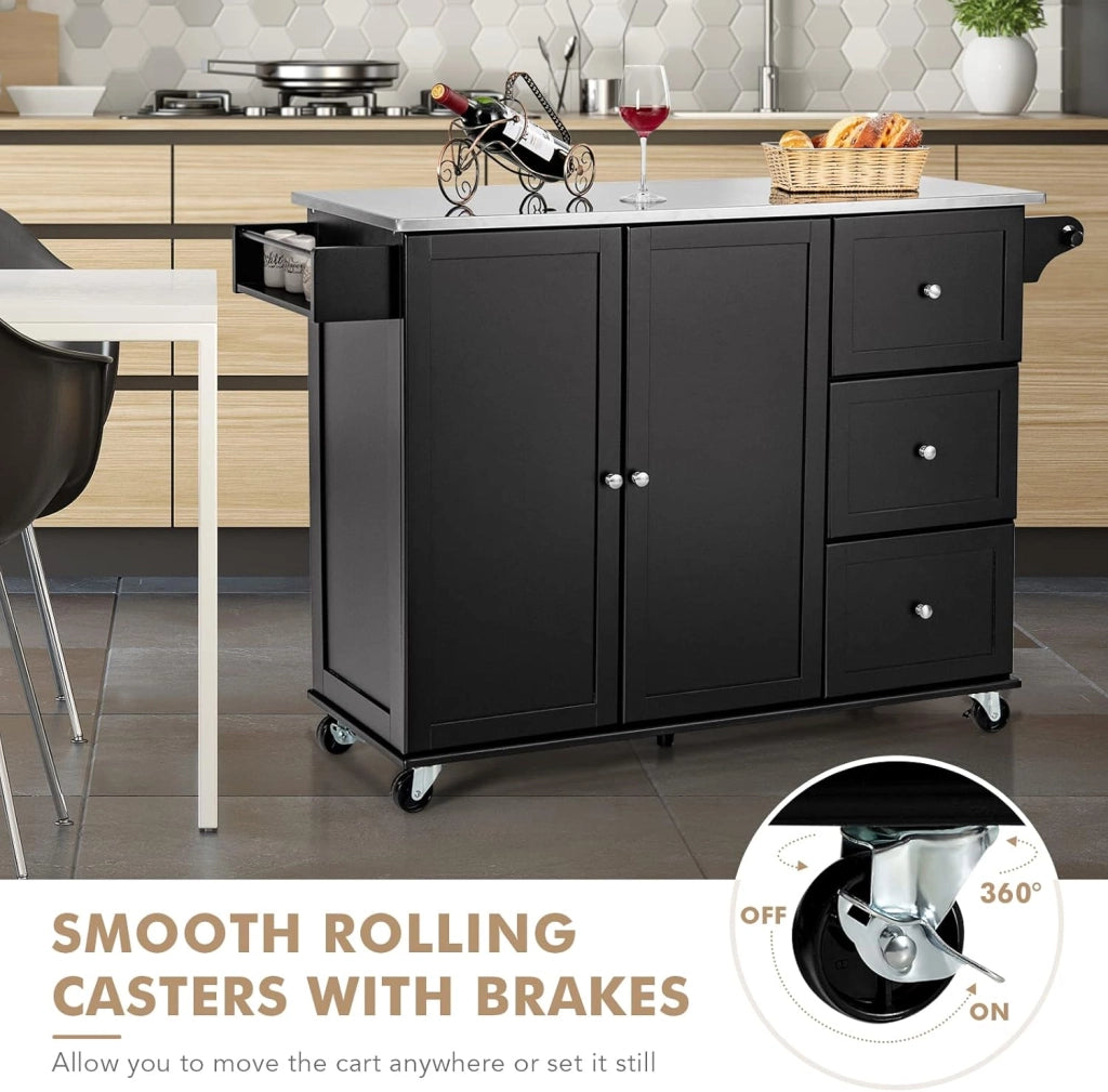 Carrello da cucina con piastra in acciaio inox, armadio da cucina con ruote, isola da cucina mobile con 3 cassetti e ripiani regolabili, carrello da portata in legno, carrello da cucina, 135 x