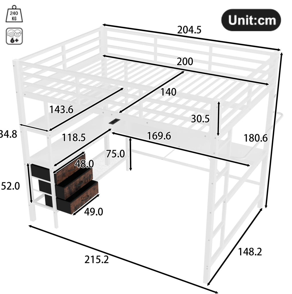 Letto a soppalco 140x200 cm con scrivania; LED; cassetti in metallo e MDF bianco