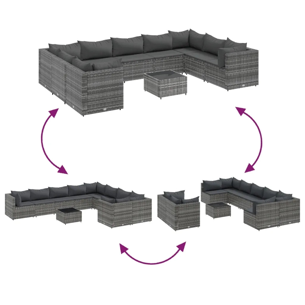 vidaXL Set Divani da Giardino 10 pz con Cuscini in Polyrattan Grigio
