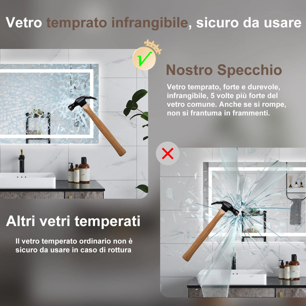 AICA Specchio da bagno  80 x 120 cm, dimmerabile, interruttore touch, Funzione Memoria, antiappannamento, 3 colori