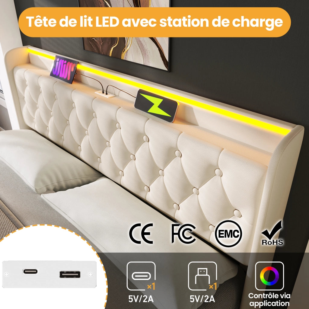 Letto Contenitore Matrimoniale 160x200 cm; LED; USB e Type-C; in PU Bianco