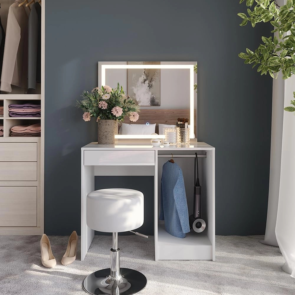 Tavolo da toeletta Sherry, Bianco/bianco lucido, 89.8 cm con specchio LED e sgabello