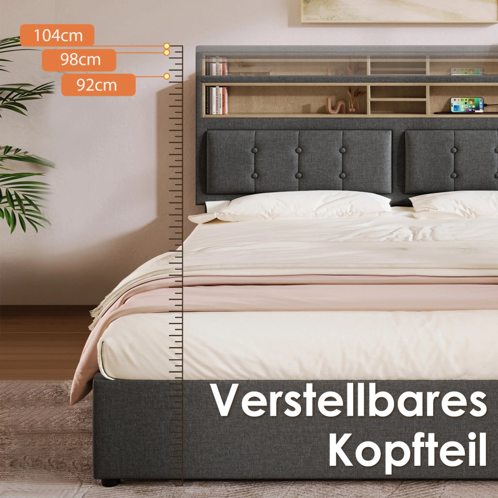 Letto Contenitore Letto Matrimoniale con USB; Tipo C; 2 Prese e Testiera Regolabile 160 x 200 cm; senza Materasso; Grigio