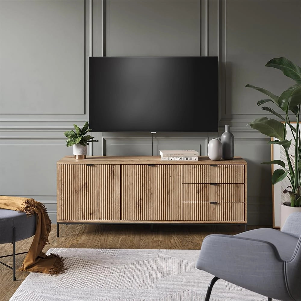 Tavolo basso Eliza, Quercia vichinga, 150 x 60 cm con 3 cassetti, 2 ante, utilizzabile come supporto TV e per la conservazione