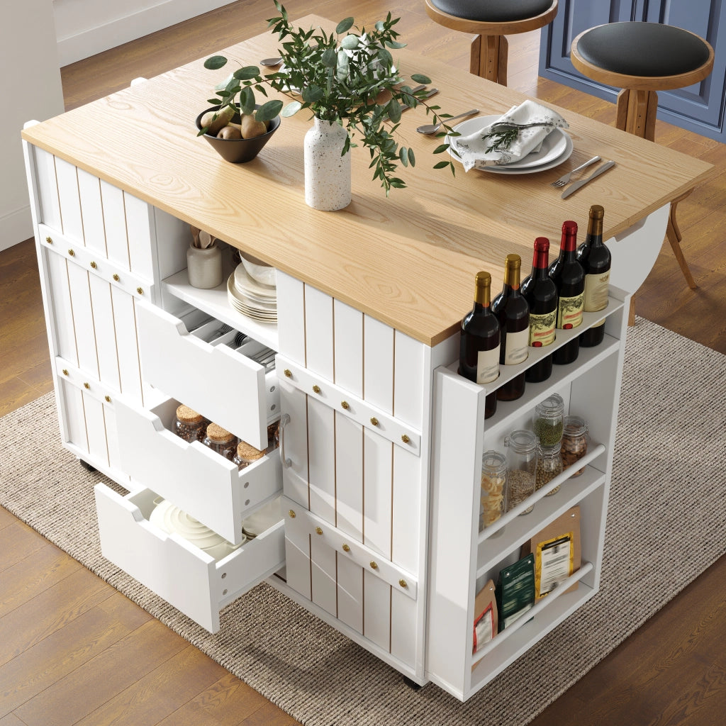 Isola cucina con piano ribaltabile, carrello cucina bianco con ante scorrevoli, cassetti e ruote