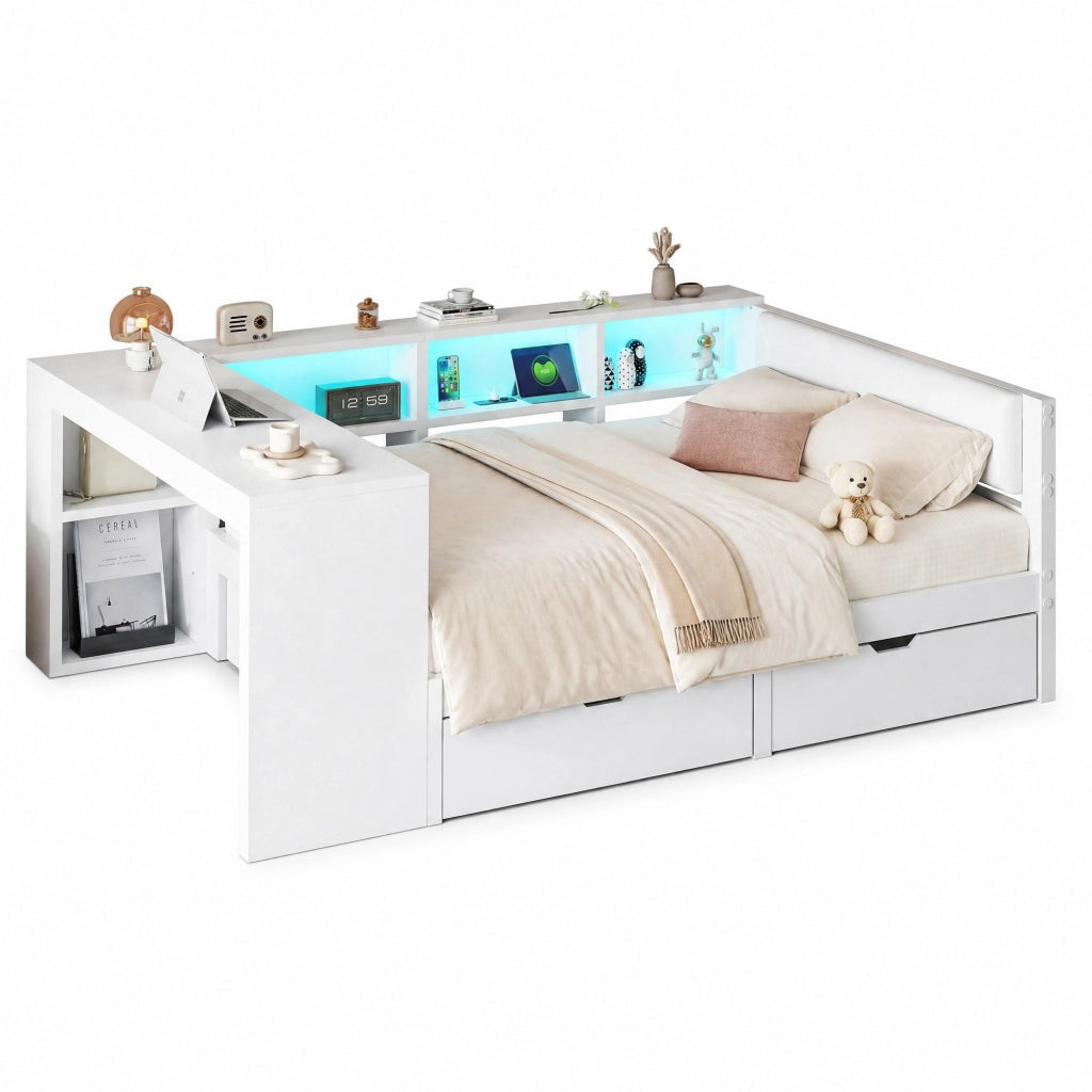 Letto piattaforma 140x200 cm con testiera imbottita; ripiani; cassetti; LED e stazione di ricarica; bianco