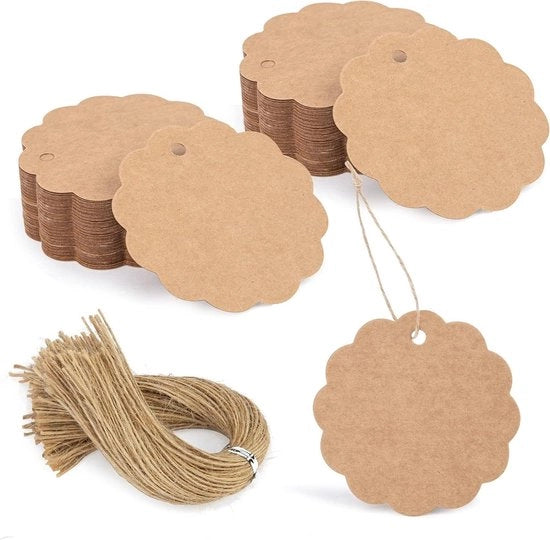 Etichette per decorazione di tavolo 140 pezzi in carta kraft con corda di juta per matrimonio e compleanno (marrone)