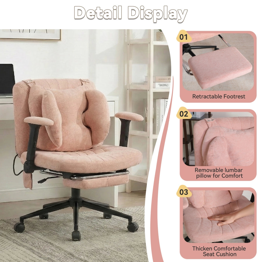 Chaise de bureau girevole in tessuto con supporto lombare gonfiabile seduta ampia base stabile e ruote silenziose rosa