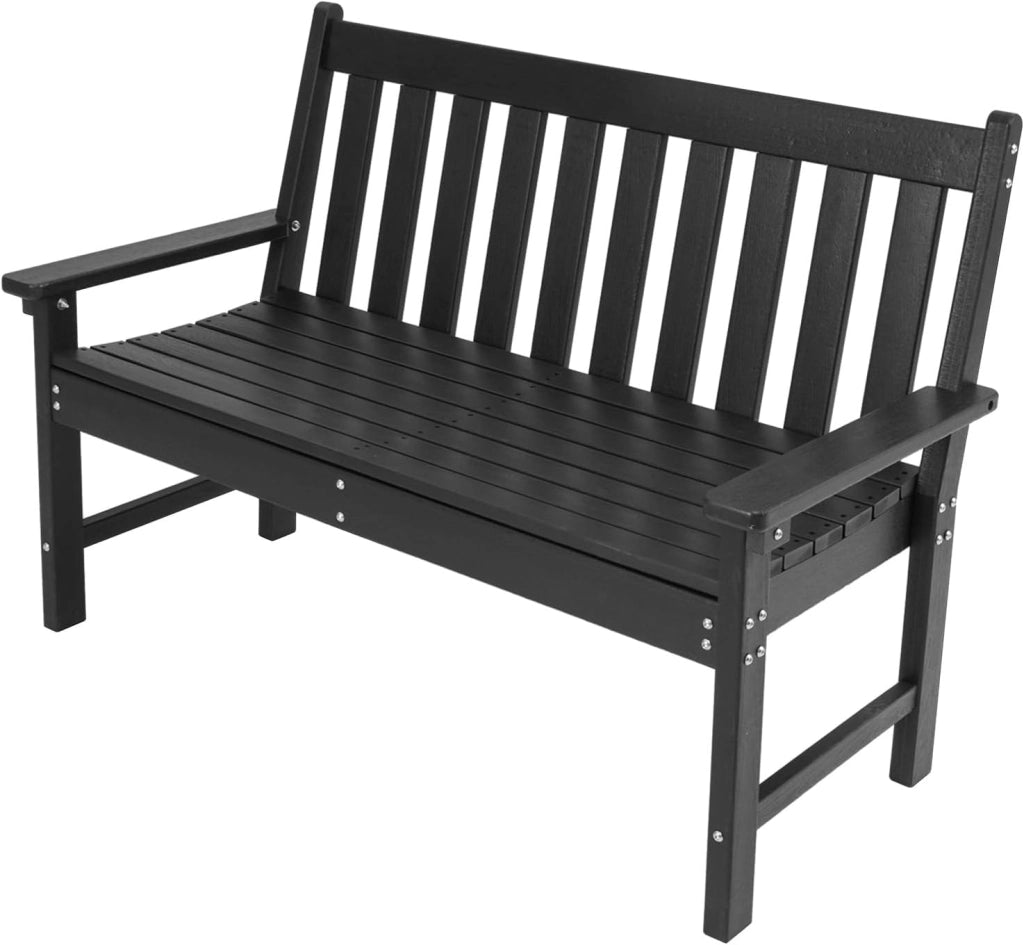 Panca da giardino a 2 posti, resistente alle intemperie, con schienale e braccioli, in HDPE fino a 300 kg, per balcone, giardino, terrazza, 132,5 x 62,5 x 91 cm (nero)