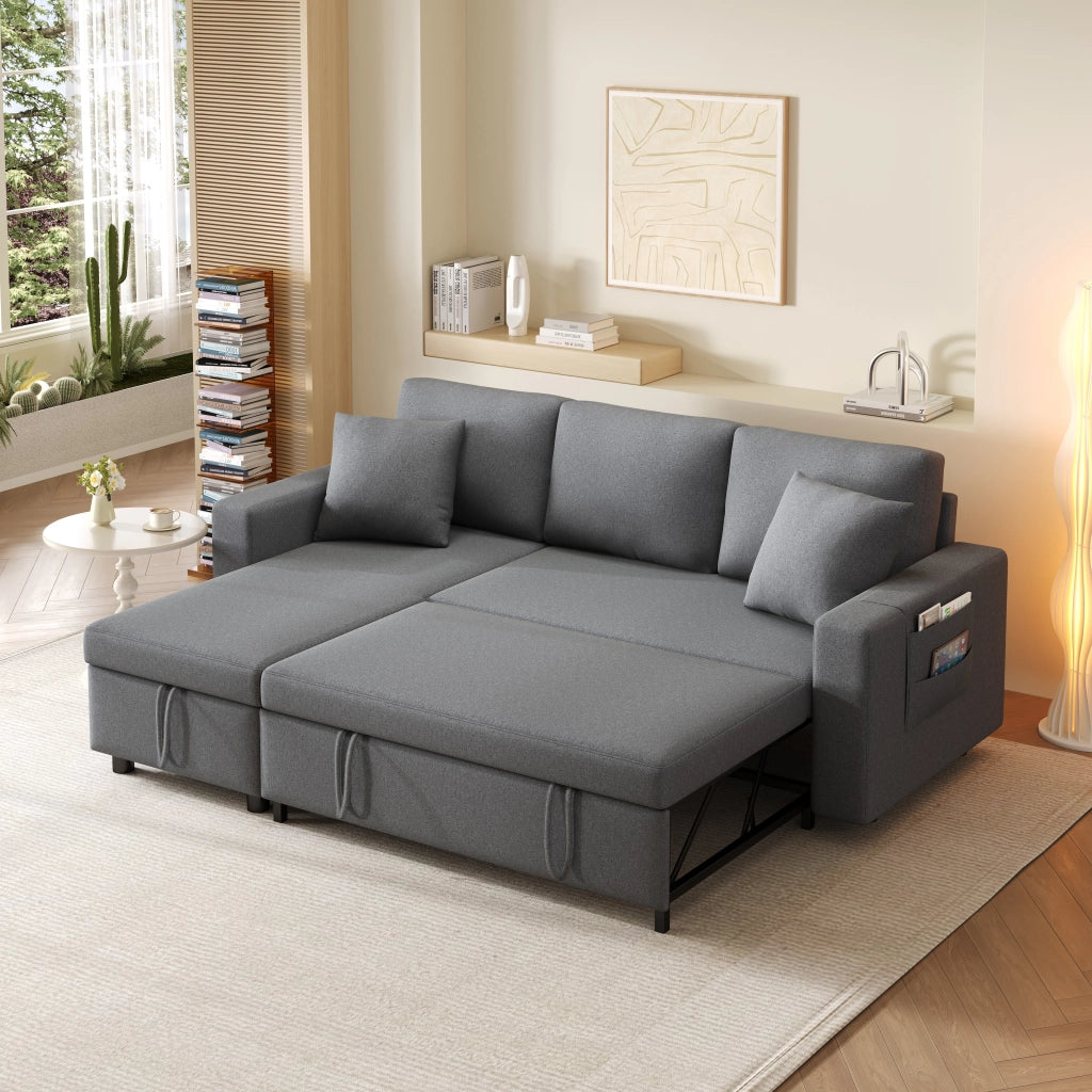 Sofa letto angolare multifunzione con contenitore, chaise longue reversibile, 2 cuscini, grigio scuro