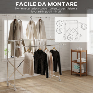 Stendibiancheria Pieghevole con 3 Barre Regolabili Ruote Girevoli e Struttura in Acciaio Inox Argento