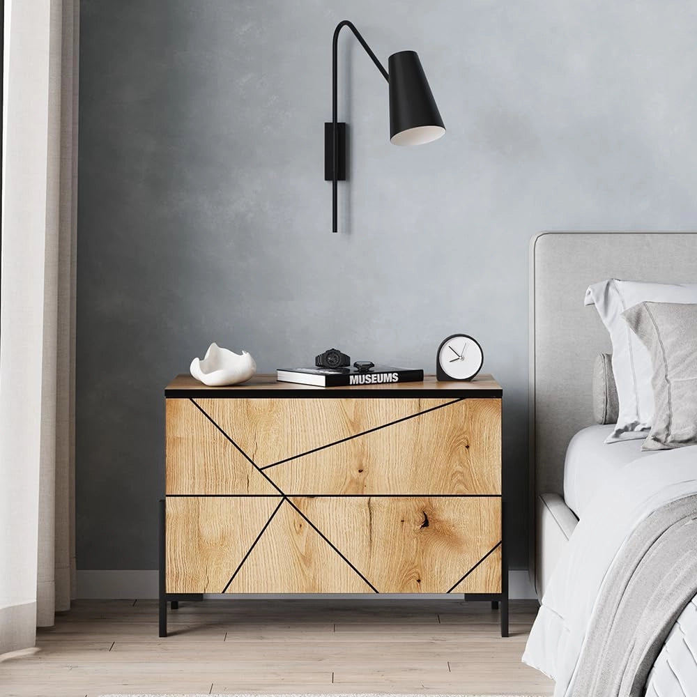 Comodino camera da letto Hatto, Rovere, 78 x 55.2 cm con 2 cassetti