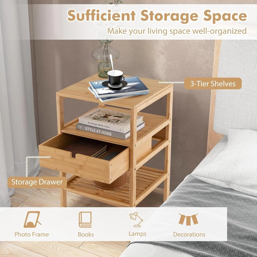 Comodini, materiale ecologico in bambù, comodino a 3 ripiani, tavolino rustico con cassetto, per balcone, soggiorno, camera da letto, 40 x 40 x 45 cm (L x P x A), naturale (2)