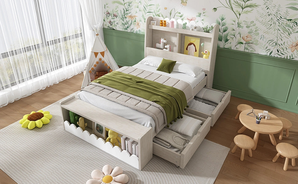 DESMIU Letto per bambini singolo con 2 cassetti, ripiani e panca contenitore 90 × 190 cm, senza materasso, bianco rovere