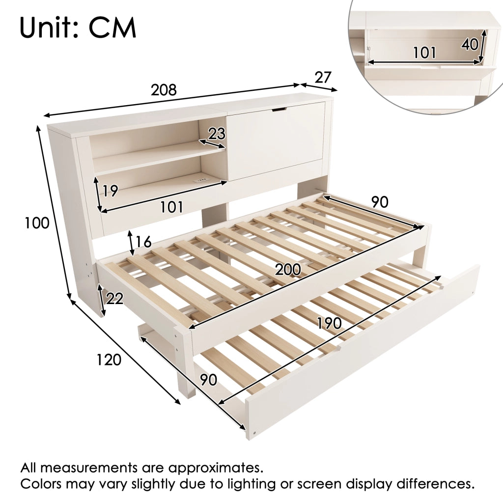 OKWISH Letto a Divano Estraibile Letto Singolo, Contenitore, USB, Tipo C e Mensole 90×200 cm e 90×190 cm, senza Materasso, in Legno, Bianco