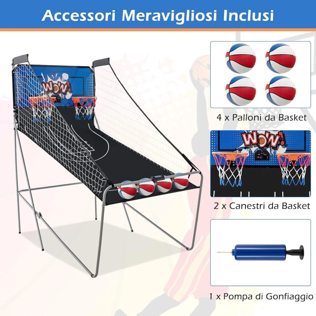 Macchina da Pallacanestro Elettronica, Canestro Basket da Camera a Doppio Tiro Pieghevole con Punteggio Elettronico, 4 Palle, 8 Modalità di Gioco e 2 Canestri (Blu 2)