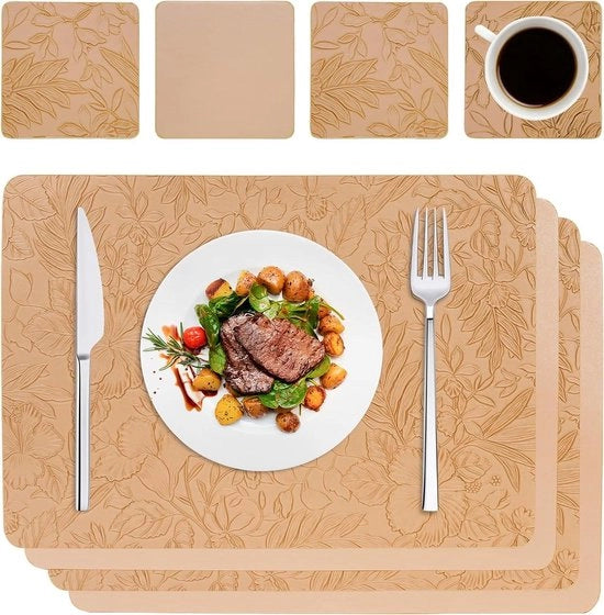 Set di piatti per il lavaggio a mano con disegno di fiori anti-slip da 4 - 43 x 30 cm con sottopiatto - per cucina e sala da pranzo - marrone