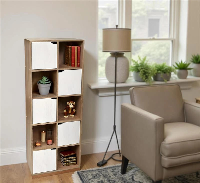 LIBRERIA CUBICA IN LEGNO COLORE LEGNO LEGGERO E BIANCO CON CASSETTI A FORMA DI CUBO APRIBILI 60X30X153H CM
