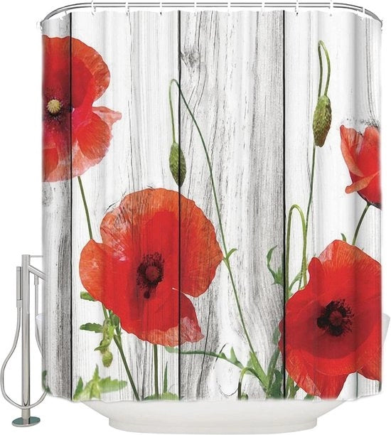 Douchegordijn con Tessuto in Legno con Fiori di Papavero - 65x180cm