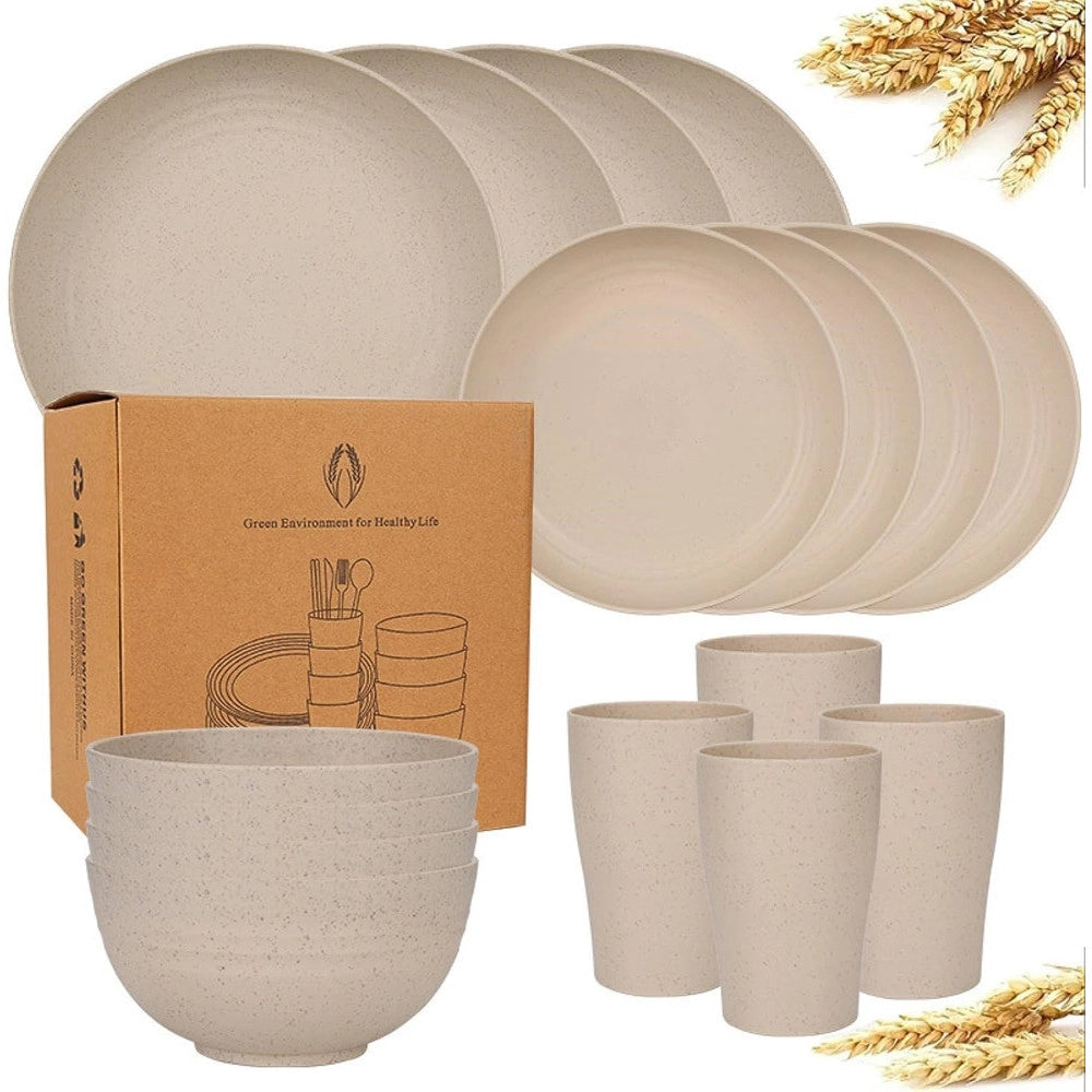 Trade Shop - Set Da 16pz Stoviglie In Paglia Di Grano Ciotole Piatti Infrangibili Posate Riutilizzabili -