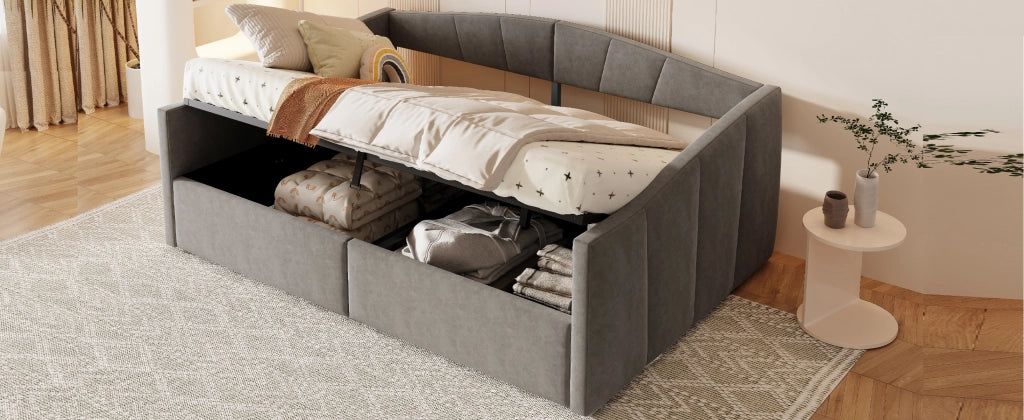 Letto sofà con sistema idraulico imbottito in velluto grigio 140x200 cm
