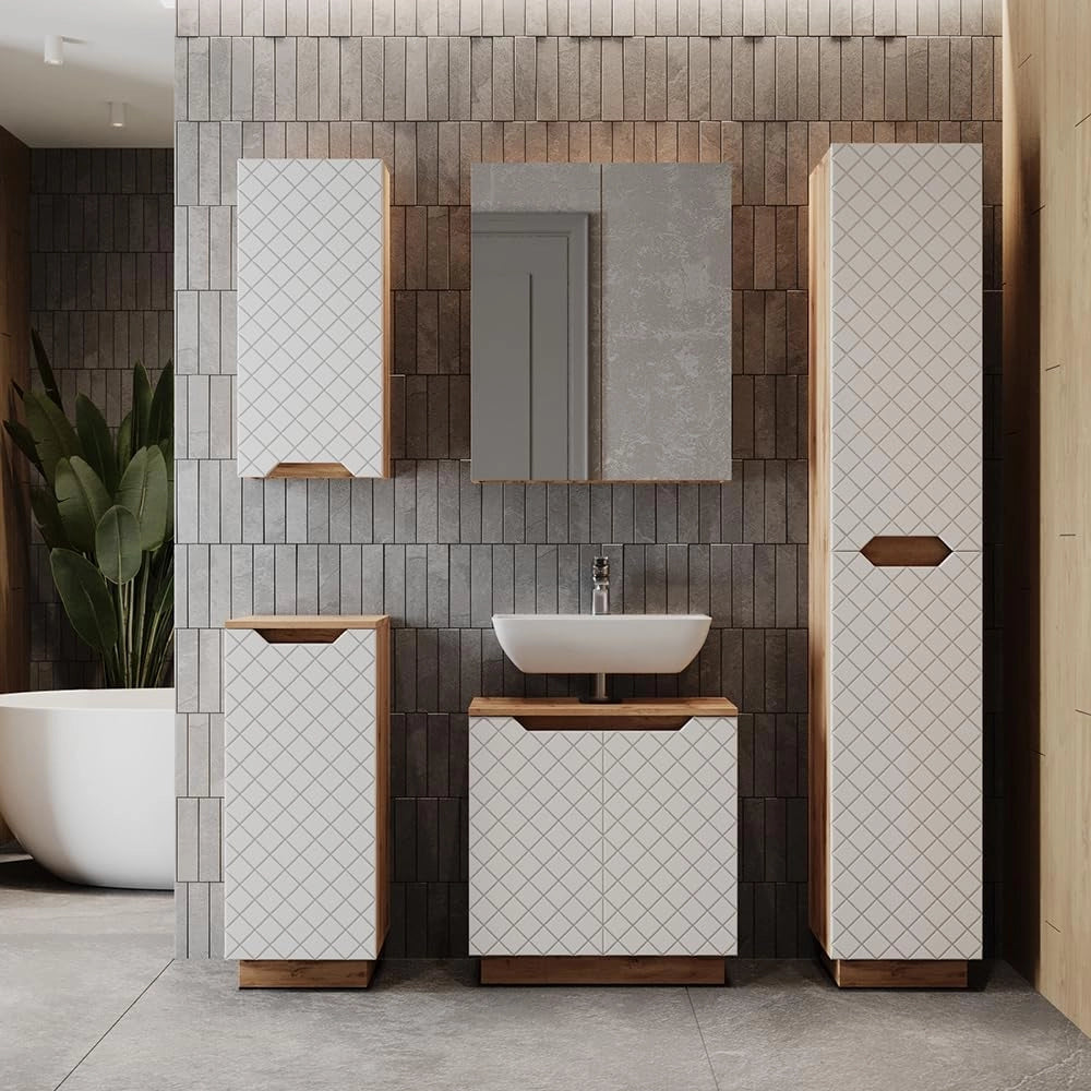 Set di mobili da bagno Lotta, Bianco, 59.8 cm, composto da mobile sottolavabo, specchiera, armadio medio e pensile