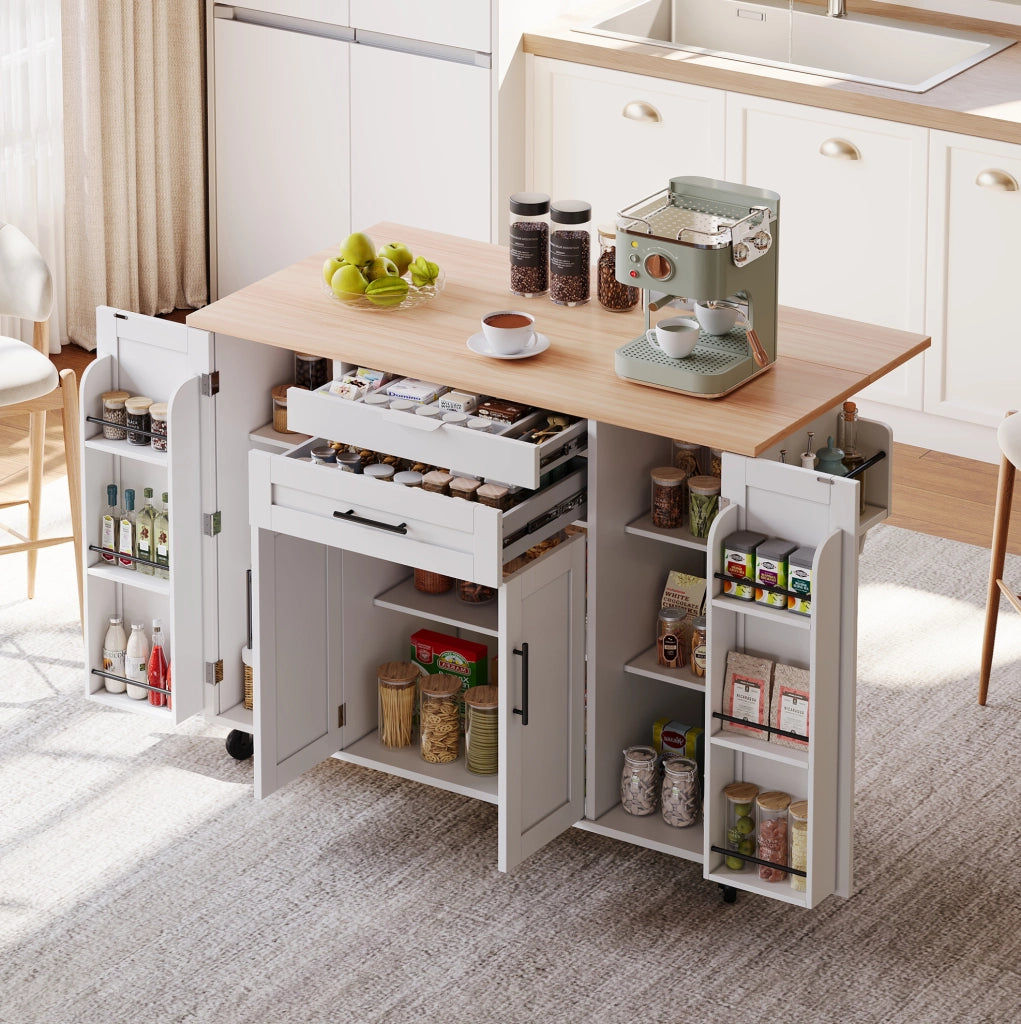 Isola cucina mobile 136x70x92 cm con piano estraibile e cassetto nascosto in MDF bianco e naturale