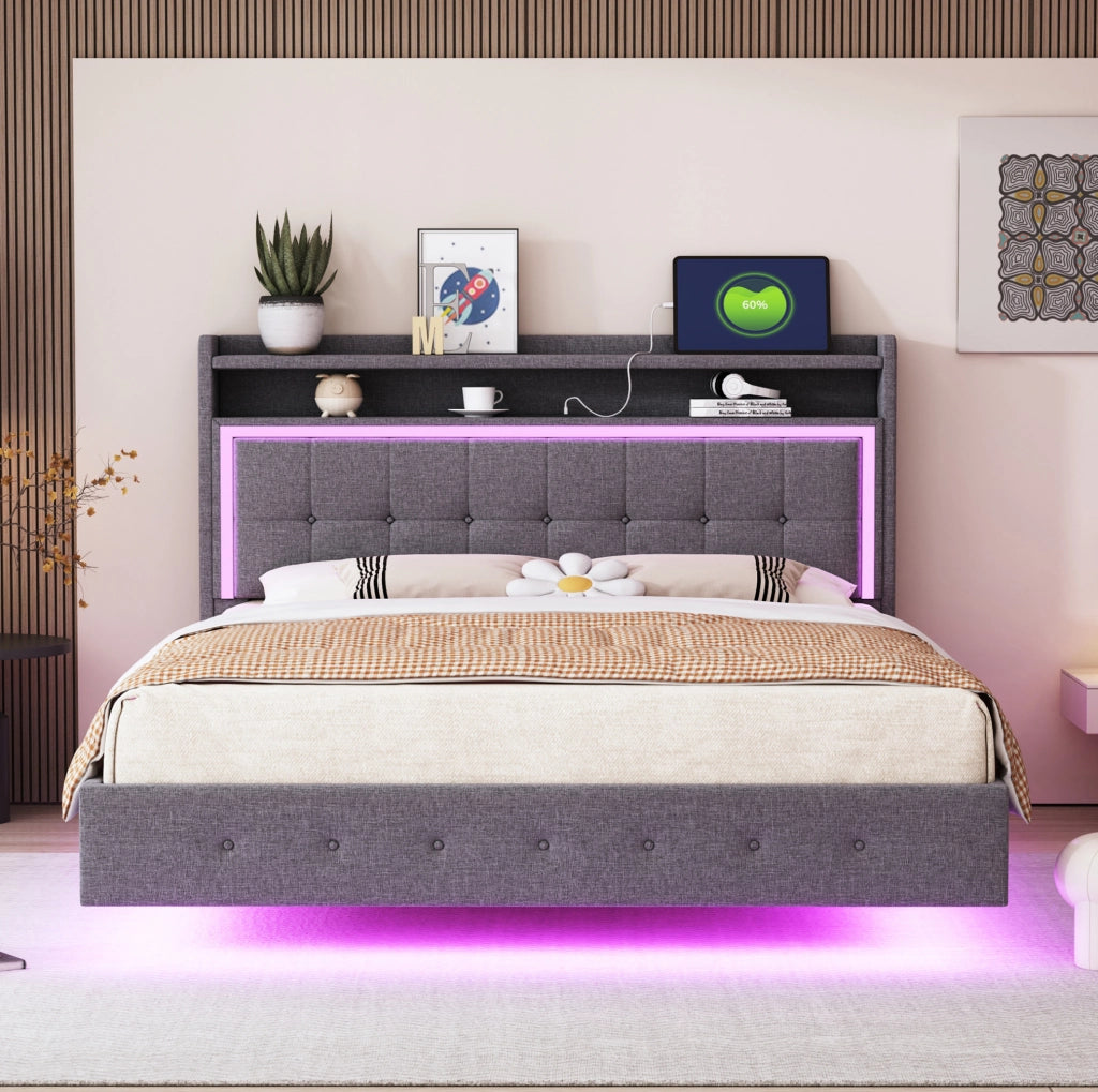 Letto imbottito 140x200 cm grigio con USB, LED e rete a doghe