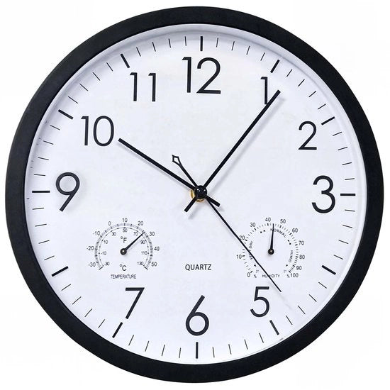 Cronometro a muro da 30 cm, rotondo, in quarzo, silenzioso, resistente all'umidità, con termometro e igrometro, orologio per bambini, grande orologio da parete (nero, 12 pollici)