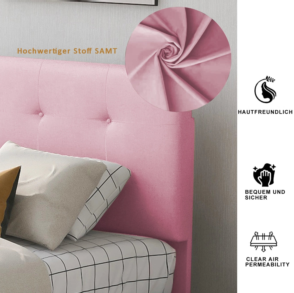 Letto imbottito con rete 90x200 cm; con testiera e cassetto contenitore; velluto rosa