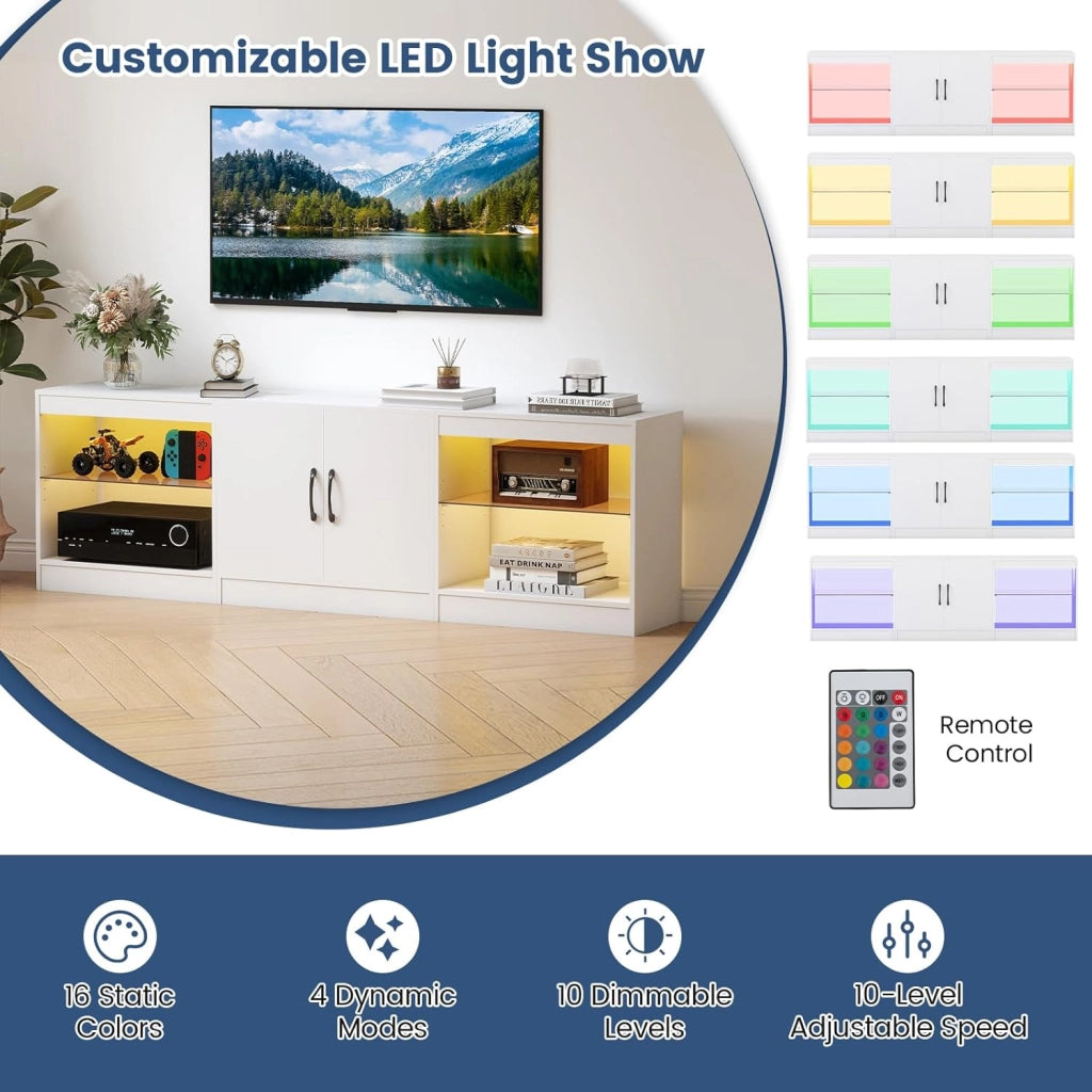 Mobile TV da 85" 3 in 1 con Luci LED, Mobiletto porta Televisori Liberamente Combinabile da 3 Pezzi, con Ripiani in Vetro Regolabili, per Soggiorno, Camera da Letto, 195x30x55cm (Bianco)