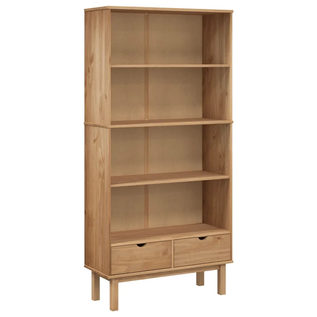 Libreria-Scaffale per Libri-Mobile di Stoccaggio OTTA con 2 Cassetti Marrone in Legno Massello di Pino