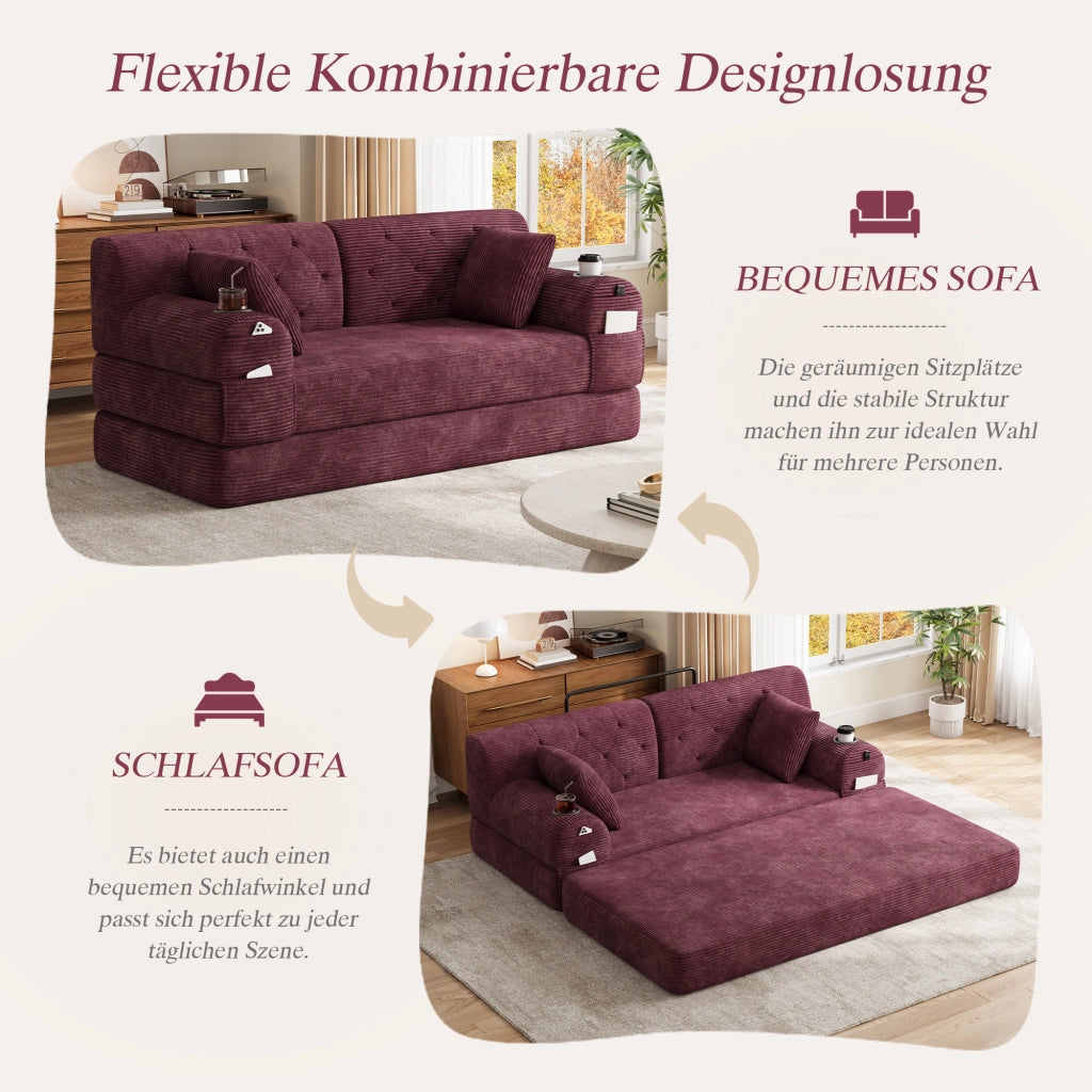 DIVANO LETTO 2 posti 168x80x81 cm in corduroy rosso vino