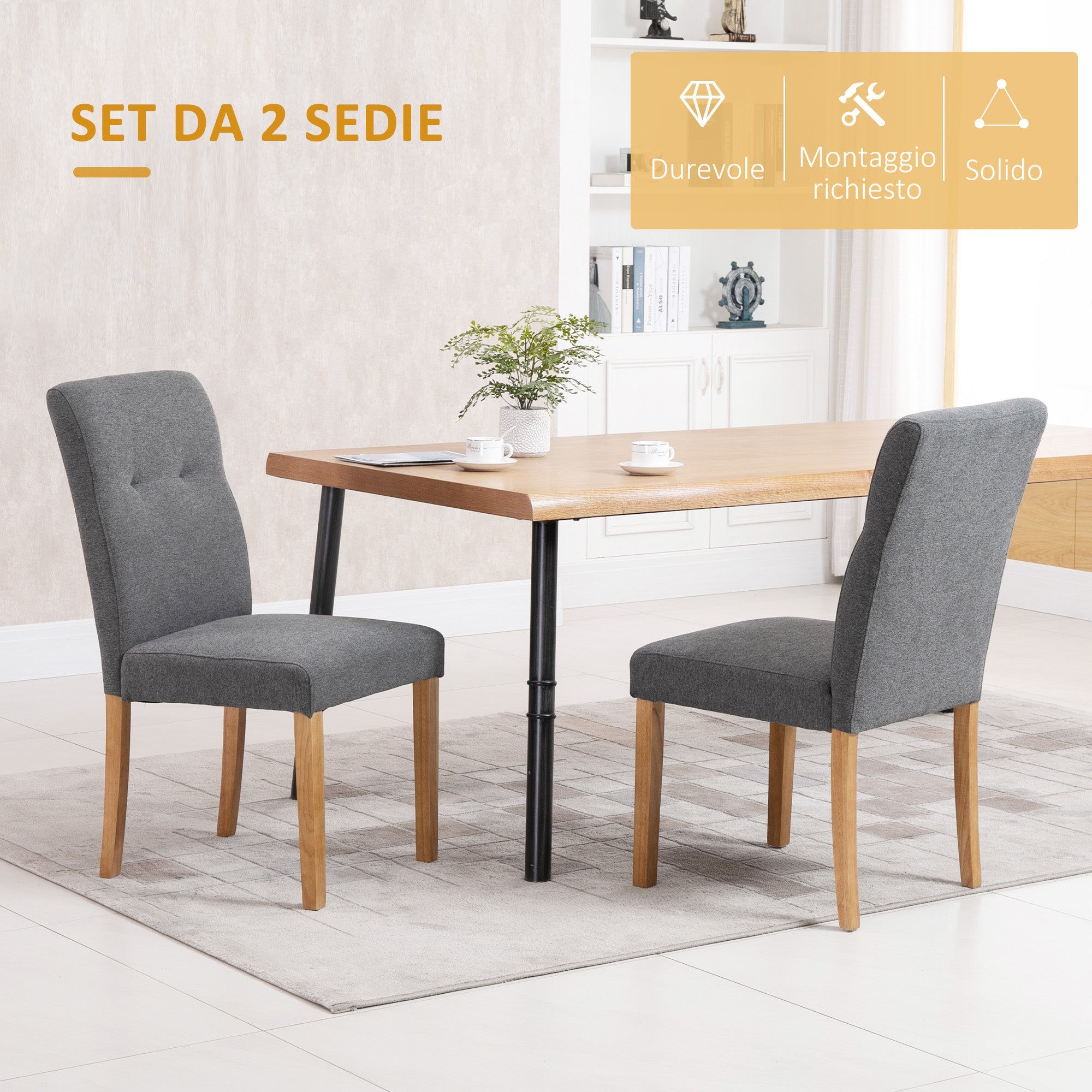 Set 2 Sedie da Pranzo Imbottite con Schienale Alto 50x62x96 cm Grigio Scuro